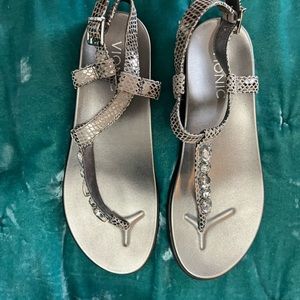 Vionic silver snakeskin jeweled sandals